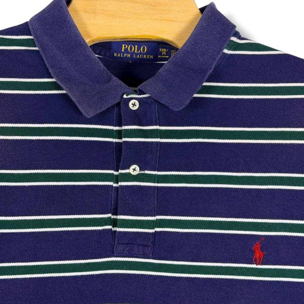 Polo Ralph Lauren Polo Shirt‎ Men 2XB Navy Blue Green Striped Big&Tall Pony Golf
